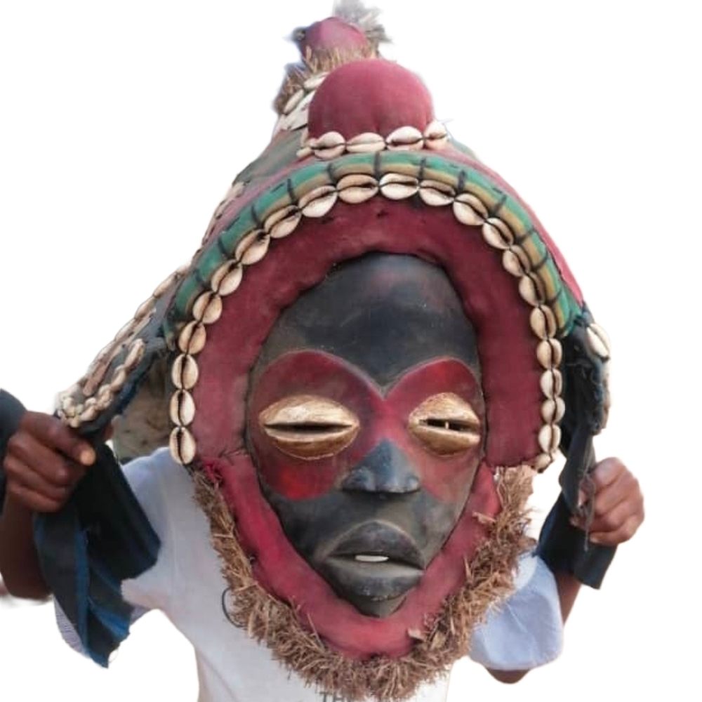 Colorful African Tribal Mask with Shell Accents